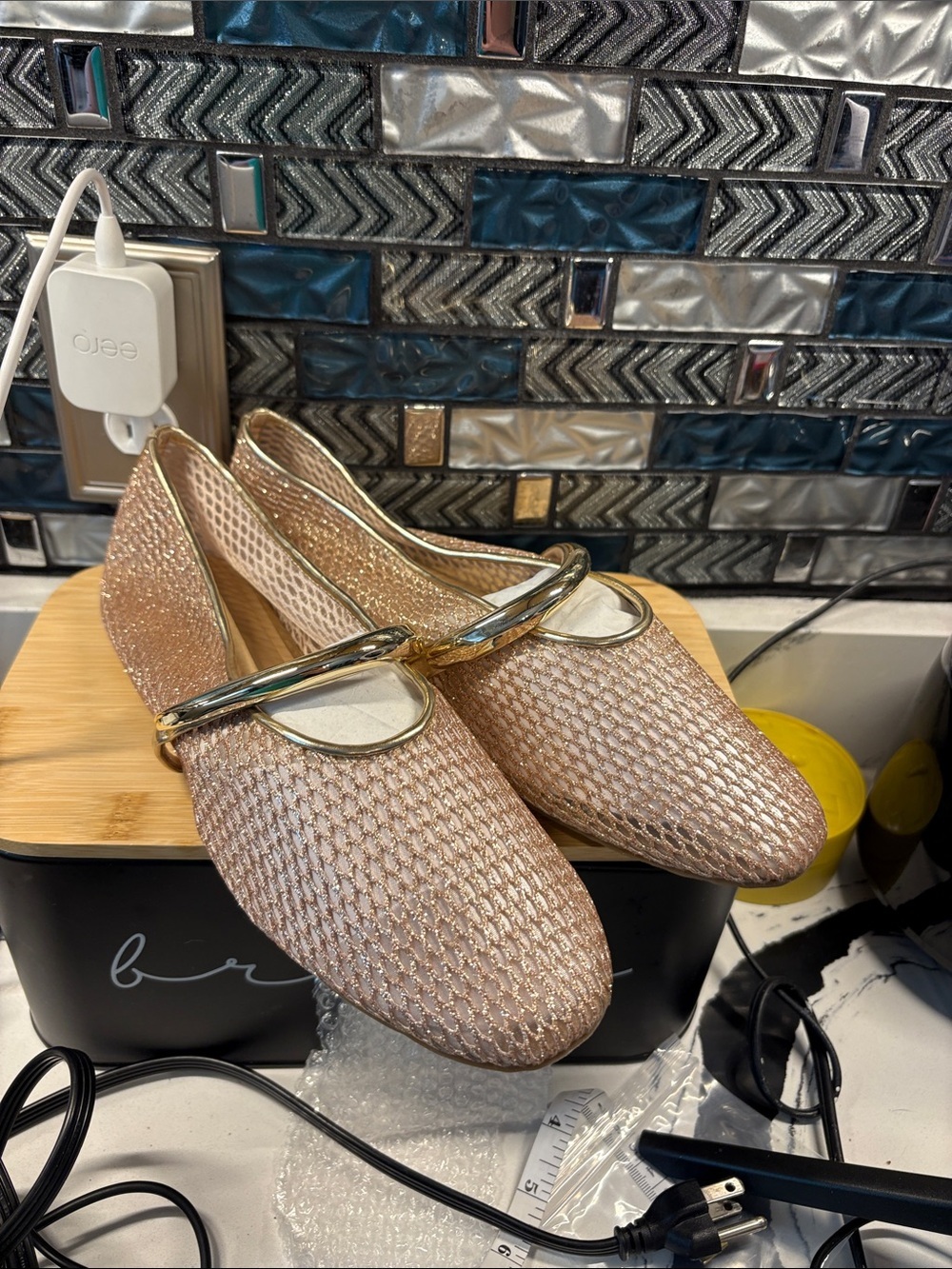 INC International Concepts Pink Rose Metallic Ballet Flats with Gold Accent